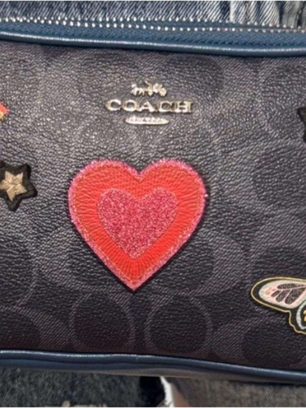 Coach Black Leather Signature Crossbody with Red Heart Patch
